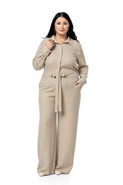 DISENTIS MODEST Plus Size Wide Leg Beige Jumpsuit with Tunnel Waist and Elastic Back