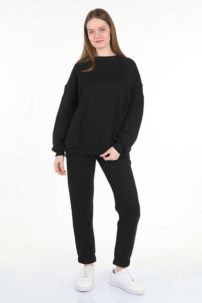 le mardi Oversize Crew Neck Raised 3 Thread Γυναικεία Μαύρη Φόρμα