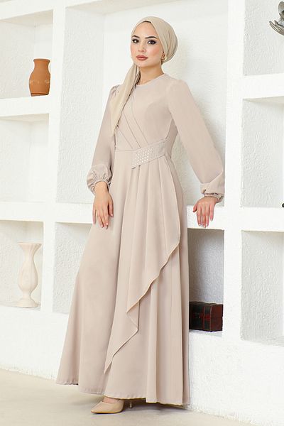 ModaMerve Cream Color Stone Detailed Dress - Asm2507