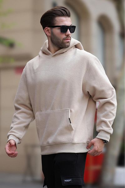 Madmext Ανδρικό φούτερ Fleece 7093 - Μπεζ, με κουκούλα και λεπτομέρεια τσέπης