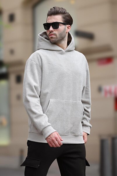 Madmext Men's Fleece Sweatshirt - Gray, Hooded, Pocket Detailed, 7093
