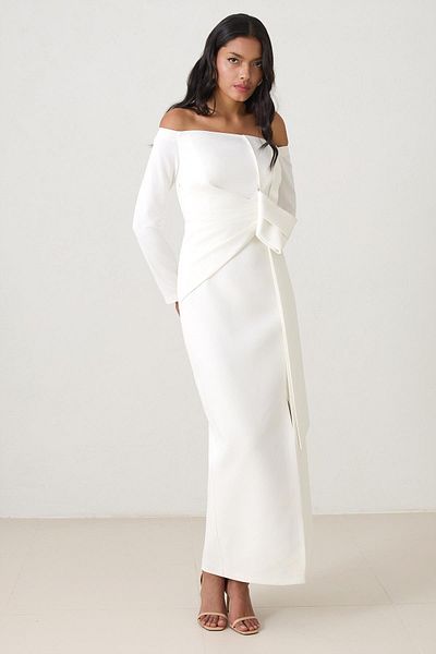Setre Ecru Asymmetrical Neckline and Waist Detail Slit Long Sleeve Dress