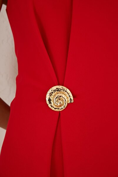Setre Red Crew Neck Sleeveless Waist Brooch Detail Dress