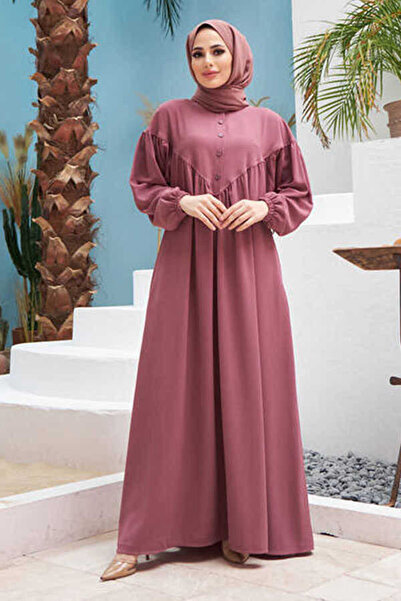 Neways 6586-Krep Büzgülü Elbise Gül Kurusu