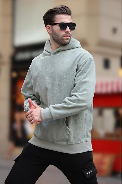 Madmext Ανδρικό φούτερ Fleece 7093 - Πράσινο, με κουκούλα και λεπτομέρεια τσέπης