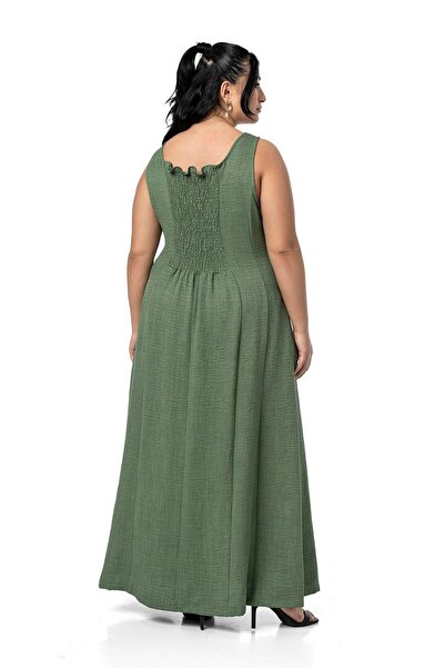 DISENTIS MODEST Plus Size Sleeveless Long Khaki Dress with Back Guipes and Pockets on Sides