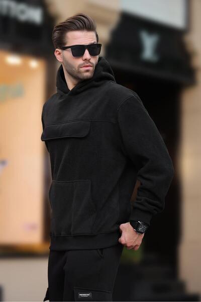 Madmext Siyah Kapüşonlu Kapaklı Cep Detaylı Polar Erkek Sweatshirt 7097