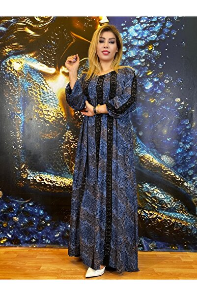 Yeşilmoda Tesettürlü elbise Leopar mavi Cepli Uzun kollu Taşli işlemeli İplik  Günlük  Uzun elbise Büyük beden