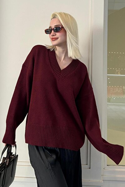 Madmext سترة نسائية محبوكة كبيرة الحجم موديل MG2149 باللون العنابي ورقبة على ...