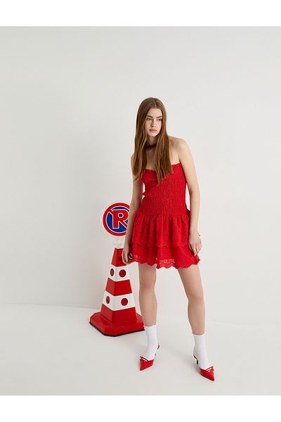 Koton Strapless Scalloped Mini Dress - Sweetheart Neckline and Guipes