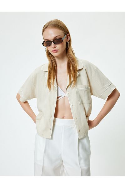 Koton Linen Blended Shirt Short Sleeve Pocket Detail Turn-Down Collar Button