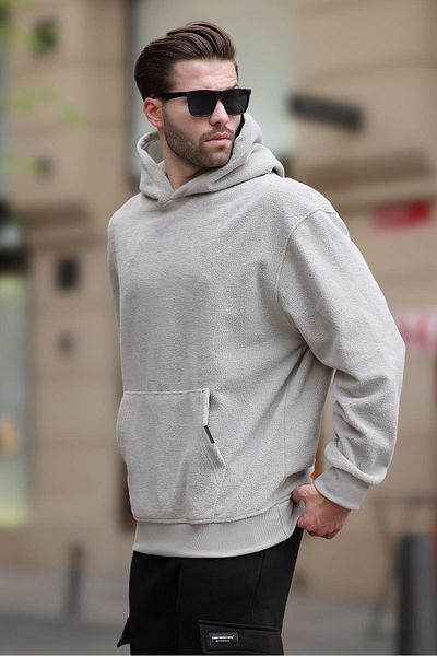 Madmext Ανδρικό φούτερ Fleece - Γκρι, με κουκούλα, λεπτομέρεια τσέπης, 7093