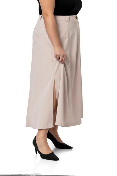 DISENTIS MODEST Plus Size Side Slit Elastic Waist Back Midi Beige Skirt