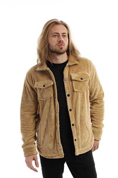 Polo State Men's Snap Detailed Pocket Plush Jacket Camel