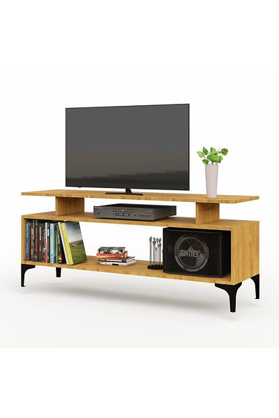 Mahmayi Modern TV Stand, Support Upto 50-Inch TV Media Console with 2 Storage Shelfs-Light Walnut