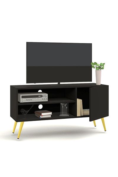 Mahmayi Modern TV Stand, Upto 50-Inch TV Media Console with 2 Storage Cabinets 1 Storage Door-Black