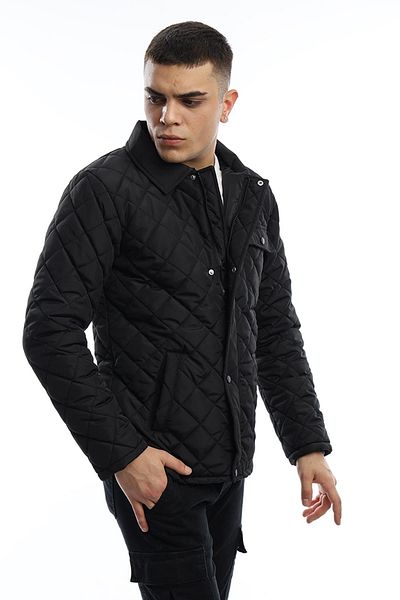 Polo State Men's Winter Diamond Patterned Long Basic Black Coat