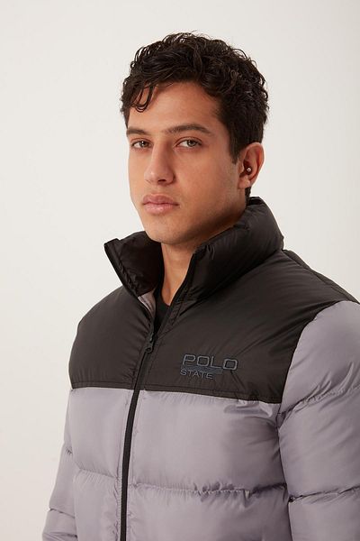 Polo State Ανδρικό όρθιο γιακά με μακρύ φερμουάρ Oversize γκρι πουπουλένιο παλτό