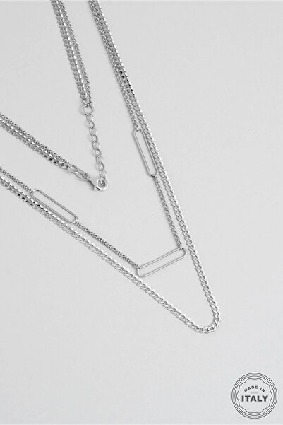 So CHIC... İtalyan 18 Ayar Beyaz Altın Kaplama 48 Cm Gümüş İkili Kolye