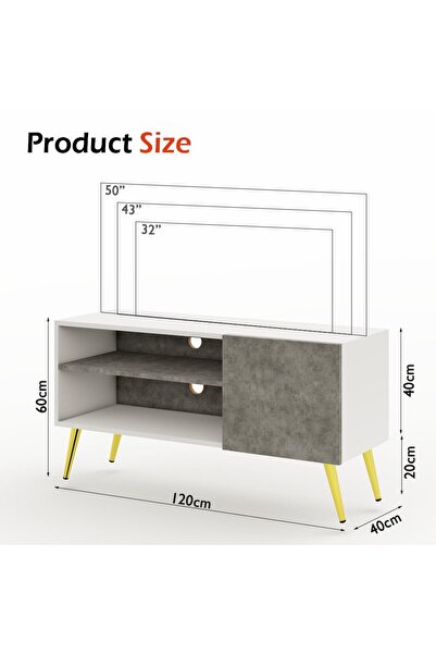 Mahmayi TV Stand, TV Media Console with 2 Storage Cabinets 1 Storage Door-White/Light Concrete