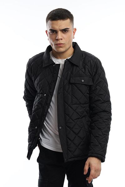 Polo State Men's Winter Diamond Patterned Long Basic Black Coat