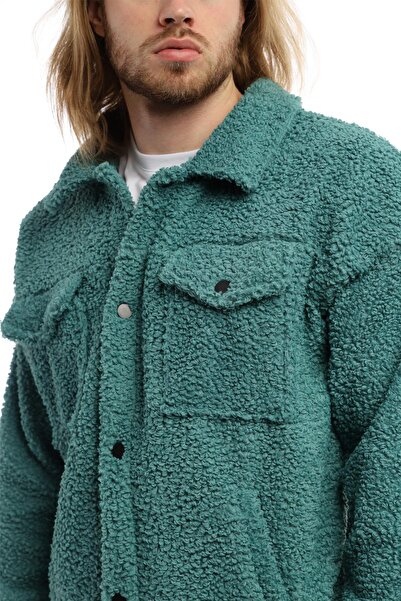 Polo State Мъжко къдраво плюшено яке с тик-так закопчаване, петролно