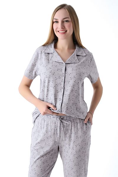 Cotpark Women's Viscose Combed Cotton Pajamas Set - Ribbed, Buttoned, Short Sleeve, Shirt Neck 19072