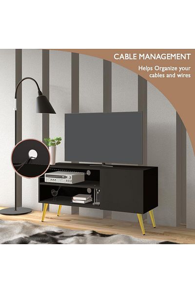Mahmayi Modern TV Stand, Upto 50-Inch TV Media Console with 2 Storage Cabinets 1 Storage Door-Black