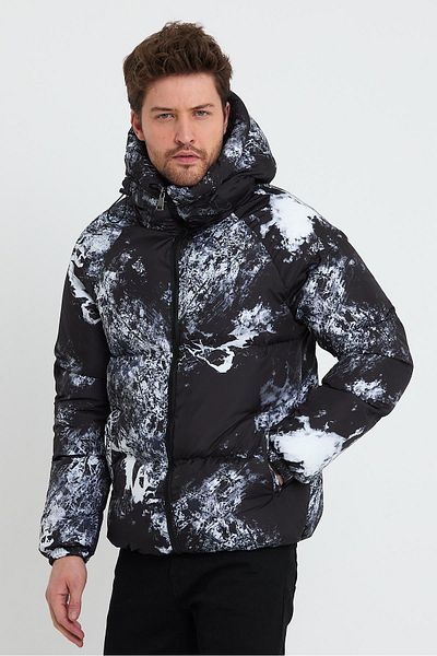 Polo State Men's Hooded Digital Printed Coat Black-white