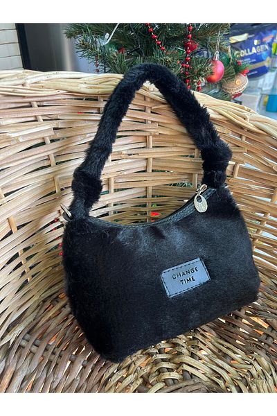 BEE BAGS Geantă de mână și de umăr model Baguette, cu pene de pluș, culoare neagră