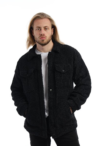 Polo State Men's Fleece Curly Plush Winter Long Thick Black Coat