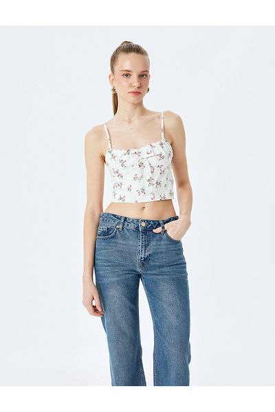 Koton Λουλουδάτο Crop Top με λουράκι με σχοινί και λεπτομέρεια με κορδόνια