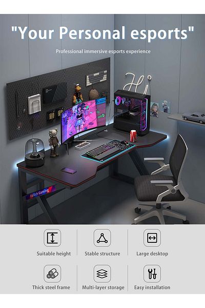EqiEch K Shaped Gaming Desk，120cm Computer Table Home Office Computer Desk Table