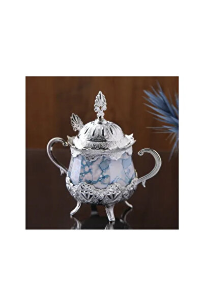 FAIR HOME Ahsen Mavi Mermer Desenli Gümüş Kaşıklı Şekerlik