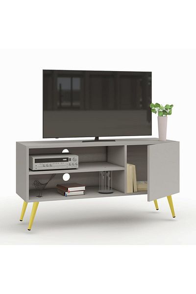 Mahmayi TV Stand, Upto 50-Inch TV Media Console with 2 Storage Cabinets 1 Storage Door-Light Grey