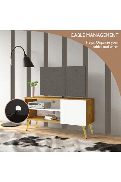 Mahmayi Modern TV Stand, TV Media Console with 2 Storage Cabinets 1 Storage Door-Light Walnut/White