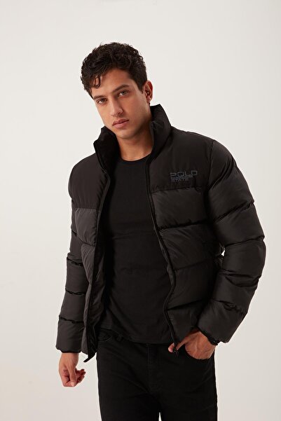 Polo State Palton puf negru supradimensionat cu fermoar lung pentru bărbați