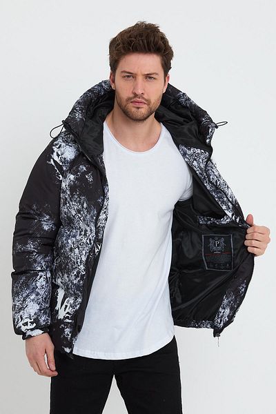 Polo State Men's Hooded Digital Printed Coat Black-white