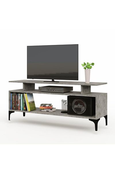 Mahmayi Modern TV Stand, Support Upto 50-Inch TV Media Console with 2 Storage Shelfs-Light Concrete
