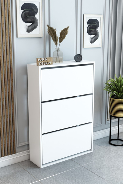 BARIN DESIGN 3 Raflı Ayakkabılık Düşer Kapak Kayar Kapak Vestiyer Portmanto Katlı Bölmeli Kapı Önü Modern