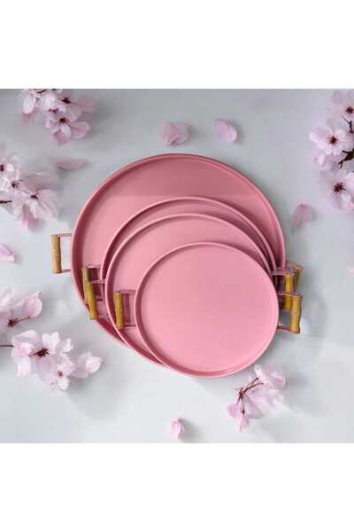 EceAksesuar Ahşap Kulplu Metal Tepsi Çay Tepsisi 4'lü (50, 40, 37, 30 CM) Kah...