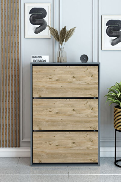 BARIN DESIGN 3 Raflı Ayakkabılık Düşer Kapak Kayar Kapak Vestiyer Portmanto Katlı Bölmeli Kapı Önü Modern