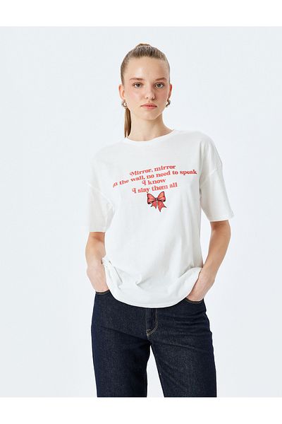 Koton Bow Printed Short Sleeve Crew Neck Oversize T-Shirt