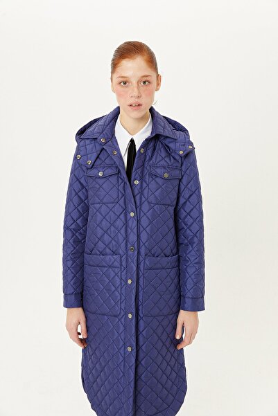 rue Navy Blue Hooded Quilted Long Coat