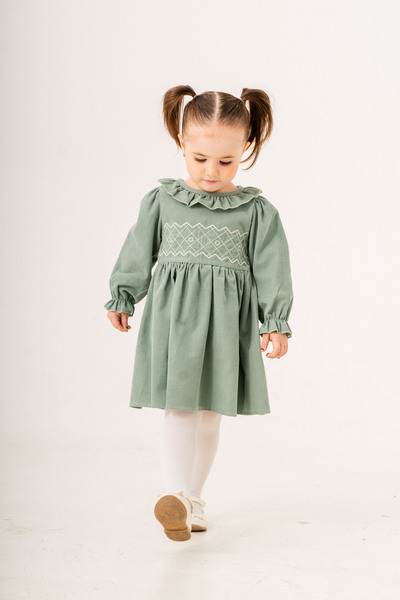 Eray Kids Ruffled Baby Girl Dress with Drawstring Neckline Sleeves