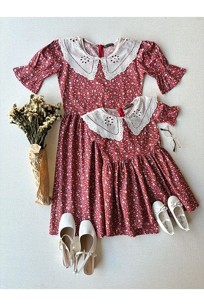 KÜÇÜĞÜM BUTİK Vintage Scallop Collar Claret Red Floral Φόρεμα Mother-Daughter Συνδυασμός (ΠΩΛΕΙΤΑΙ ΜΟΝΟ)