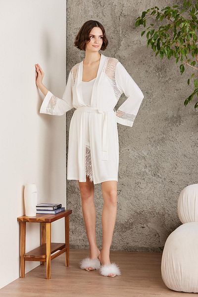 Pierre Cardin Combed Cotton Lace Women's Nightgown and Dressing Gown Set - 4015 Ecru