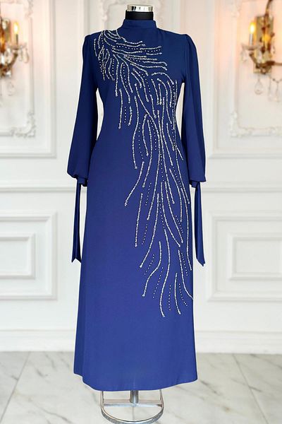 Amine Hüma Navy Blue Irem Hijab Evening Dress