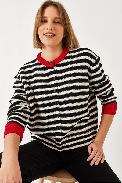 Bianco Lucci Women's Reverse Stitched Striped Knitwear Cardigan 241129 60261316
