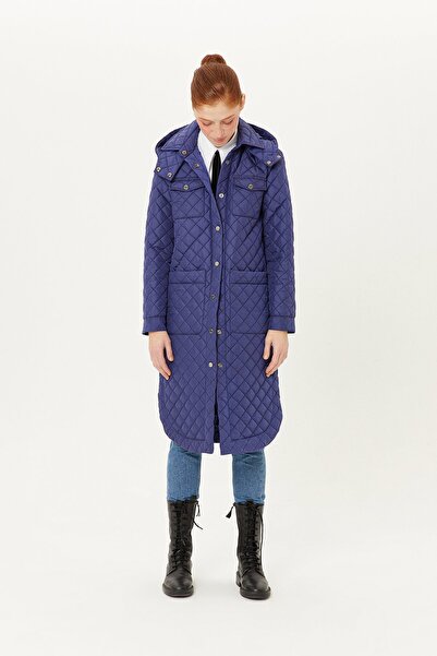 rue Navy Blue Hooded Quilted Long Coat
